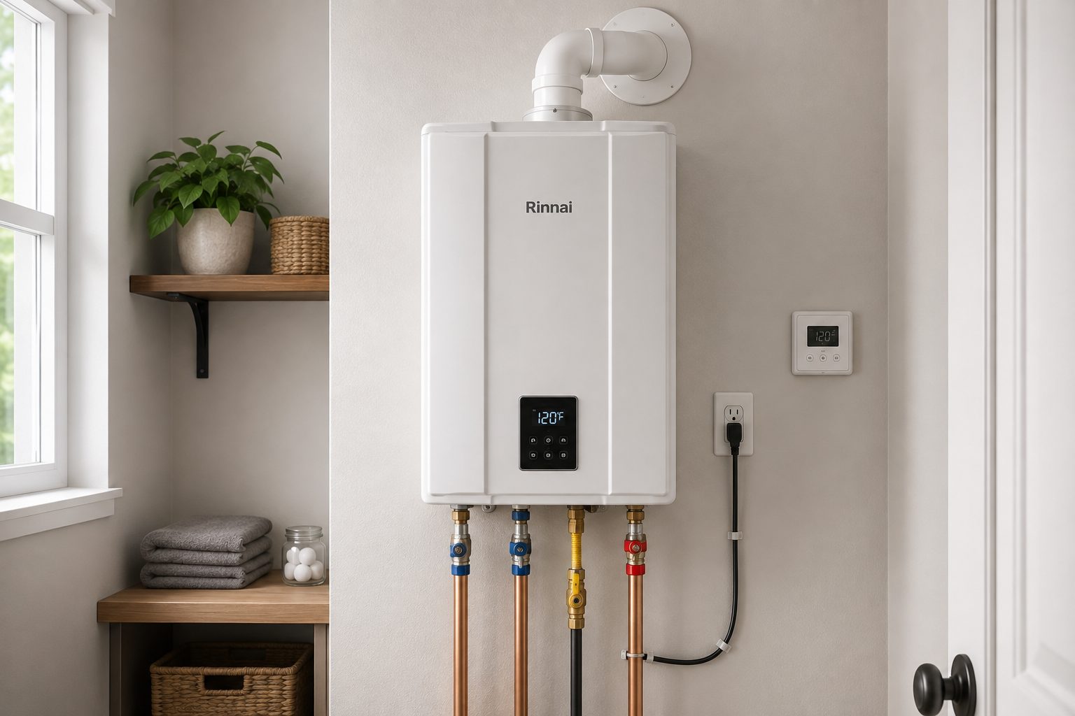Tankless water heater mounted on a wall with a digital temperature display