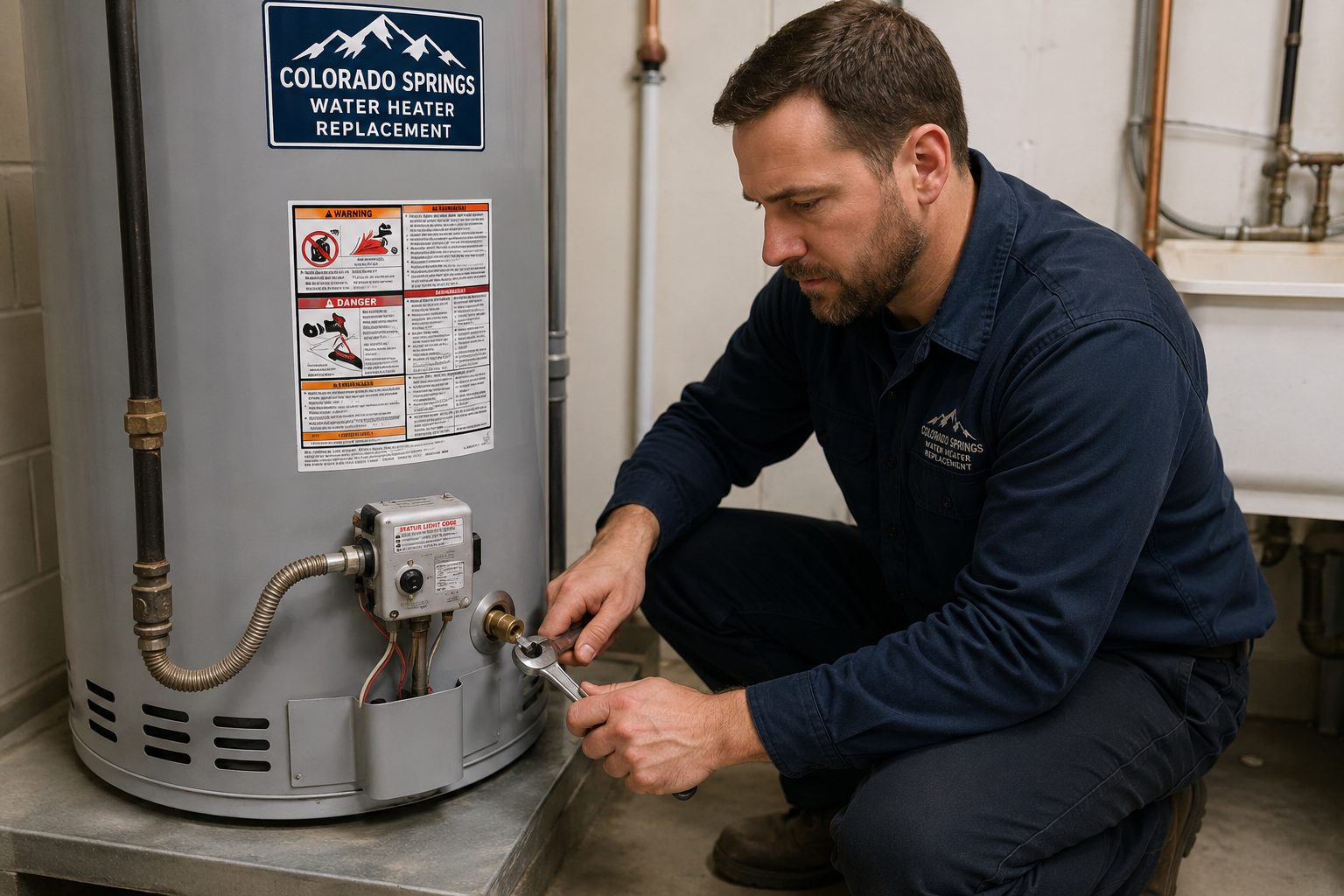 Technician adjusting the gas control valve on a residential water heater
