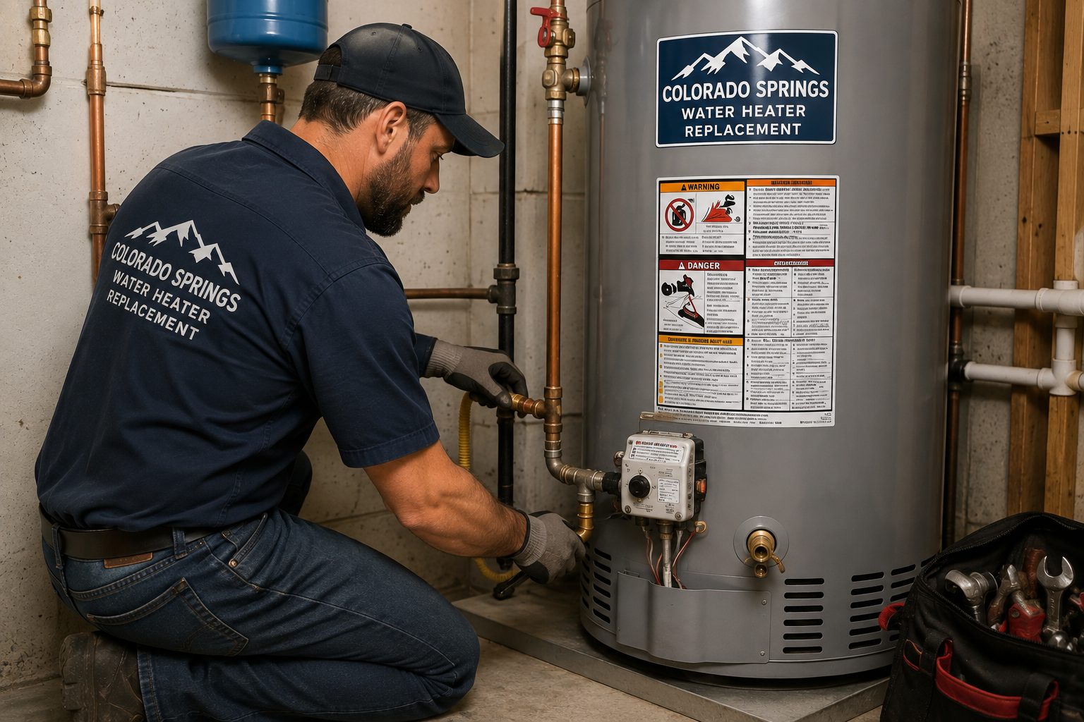 Technician working on the gas line and fittings of a tank water heater